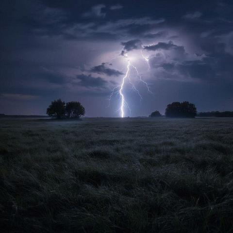 La imagen captura una tormenta eléctrica nocturna con un ambiente dramático e intenso.
Fenómeno Central: Un rayo poderoso y brillante es el punto focal de la imagen. El relámpago desciende desde las nubes oscuras hacia el suelo en el centro.
Cielo: El cielo está dominado por nubes de tormenta densas y de color azul oscuro/grisáceo, creando una atmósfera ominosa. La luz intensa del rayo ilumina parcialmente las nubes circundantes.
Paisaje: El primer plano y el plano medio están ocupados por un campo abierto cubierto de hierba o maleza alta. La oscuridad de la noche acentúa las texturas del campo, que parecen casi negras o de un verde muy oscuro.
Vegetación: En la distancia, se aprecian grupos de árboles oscuros (siluetas) a la izquierda y a la derecha, en la línea del horizonte. Hay una ligera niebla o neblina que parece envolver la base de los árboles, añadiendo a la sensación misteriosa y húmeda del clima.
Tono: La combinación de la oscuridad, el campo abierto y el rayo dramático le da a la imagen un tono majestuoso, salvaje y un poco inquietante, propio de la fuerza de la naturaleza.