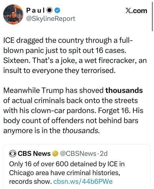 A tweet from Paul (@SkylineReport) reads: “ICE dragged the country through a full-blown panic just to spit out 16 cases. Sixteen. That’s a joke, a wet firecracker, an insult to everyone they terrorised. Meanwhile Trump has shoved thousands of actual criminals back onto the streets with his clown-car pardons. Forget 16. His body count of offenders not behind bars anymore is in the thousands.” He’s quote-tweeting CBS News (@CBSNews), which wrote: “Only 16 of over 600 detained by ICE in Chicago area have criminal histories, records show.”