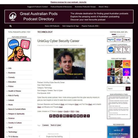 UnixGuy Cyber Security Career
Screenshot of the podcast listing on the Great Australian Pods website