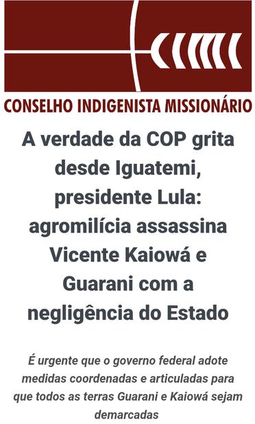 Conselho Indigenista Missionário
A verdade da COP grita desde Iguatemi, presidente Lula: agromilícia assassina Vicente Kaiowá e Guarani com a negligência do Estado
É urgente que o governo federal adote medidas coordenadas e articuladas para que todas as terras Guarani e Kaiowá sejam demarcadas.