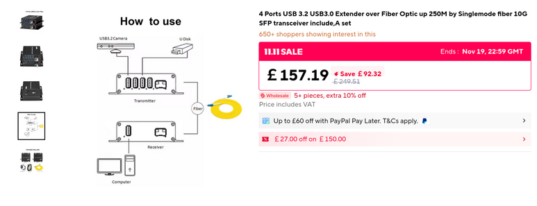 Screenshot of AliExpress lot of USB rante extender working over optical cable with SFP+ interface.
