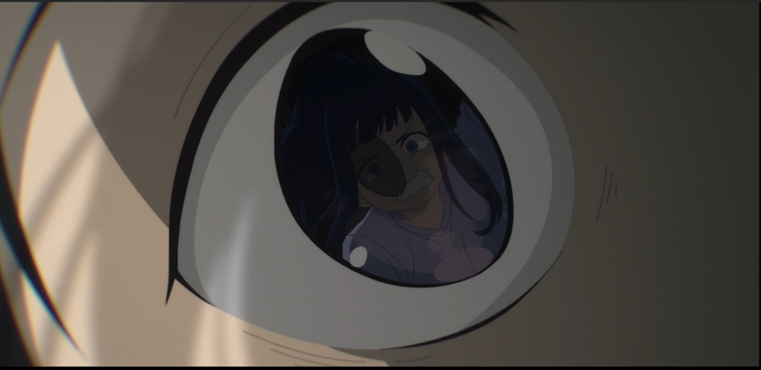 A closeup of an anime human eye, with a girl reflected in it.  She has an angry expression on her face.