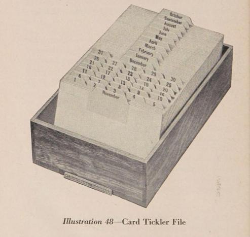 Portion of a book page featuring an image of a card catalog tray full of index cards. In the front is a tab for November followed by 1/5 cut tabs numbered 1-31 followed by tabs for the months December - October.