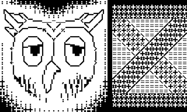 This piece of computer art is composed entirely of text. It depicts the head of "X the Owl," a puppet from the television show "Mister Rogers' Neighborhood." On the right side is a depiction of X's door.