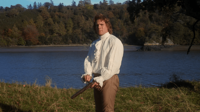 Ryan O'Neal as Redmond Barry in Stanley Kubrick's "Barry Lyndon", with a pistol, almost ready for his duel with Captain Quin