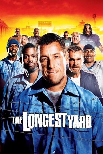 poster of THE LONGEST YARD (remake) 
 
some prison inmates who look like Chris Rock and Adam Sandler and Burt Reynolds (33 years after the original version with him)