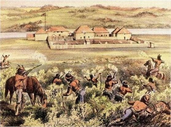 A colorful engraving illustrates the Battle of Fort Pitt. Figures representing Indigenous peoples and European settlers engage in combat near a large fort with several buildings and a wooden palisade. Some figures are on horseback, while others are firing from behind vegetation. A river flows past the fort, and rolling hills form the background.