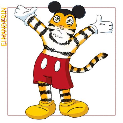 Digitale Zeichnung: ein Tiger verkleidet als Mickey Mouse (gelbe Schuhe, rote Hose mit zwei großen weißen Knöpfen vorne, weißen Handschuhen und einer Kopfbedeckung mit Mausohren) steht da und reckt seine Arme zur Seite in die Höhe. Er schaut sehr genervt und verdreht die Augen nach oben.