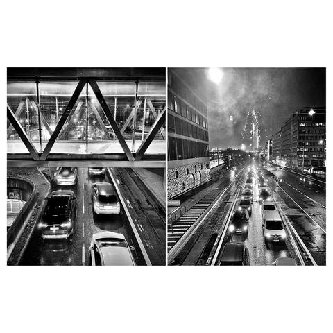 A diptych of photographs showing heavy traffic on a rain-soaked road and a view from a modern pedestrian bridge