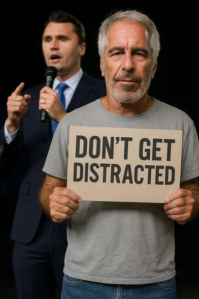 Jeffrey Epstein holds a sign that says DON'T GET DISTRACTED.
A ghostly Charlie Kirk hovers in the background.