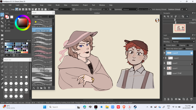 A screenshot of a drawing program showing a plus size woman with a thick fur coat and expensive-looking accessories, and beside her, a little redhead boy with a confused expression, dressed like a 1920s newspaper boy.