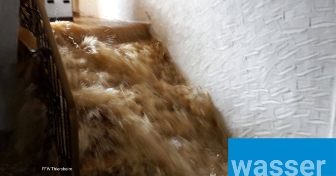 Die Abbildung zeigt bräunliches Wasser, das in einem Treppenhaus sturzbachartig über die Treppe abfließt.
