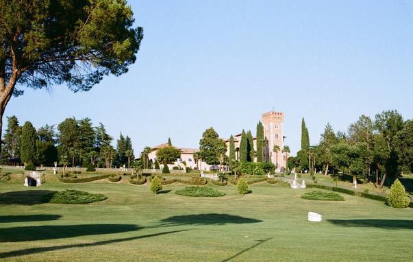The image shows a wide, sunlit landscape dominated by a perfectly kept green lawn stretching across gentle hills. In the distance, a grand historic estate rises — a warm, light-brown stone building with a tall rectangular tower and a row of tall cypress trees standing like sentinels beside it - Castello di Spessa in Italy Friuli Venezia Giulia. The building sits behind an elegant white balustrade, surrounded by sculpted hedges, small ornamental trees, and patches of deep green shrubbery. On the left, a large pine tree frames the scene with its spreading branches. The sky above is clear and pale blue, giving the whole view a calm, serene atmosphere.