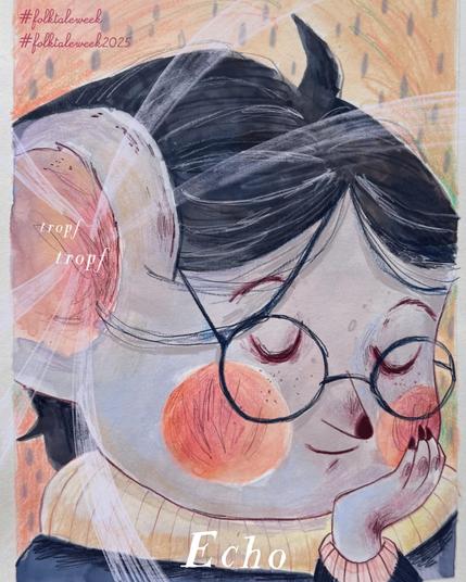 An illustrated character with closed eyes, big ears and short hair and a dreamy expression, wearing glasses and a cozy sweater. The background features soft colors and abstract shapes of waterdrops. The words "Echo" and "tropf" are incorporated into the design.