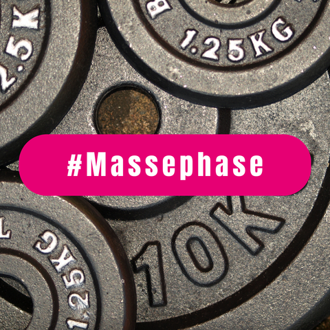 Bild: Gewichtsscheiben für Hanteln. Text: #Massephase. (c) pixabay | ariesa66