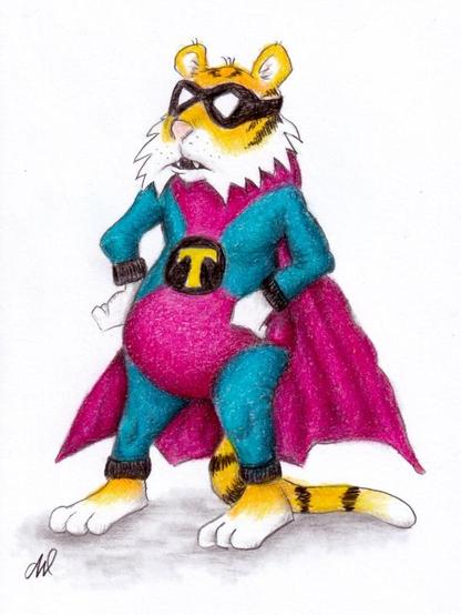 cartoon tiger wearing a super hero suit and a face mask