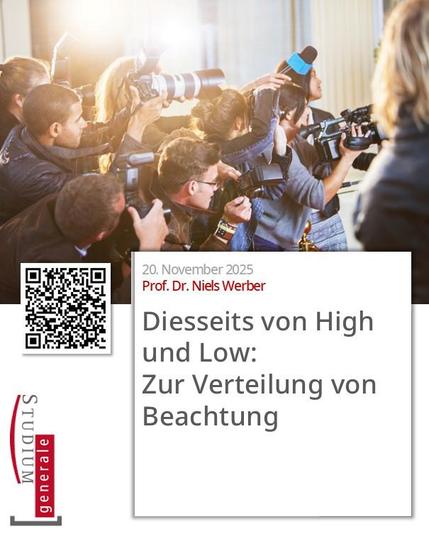 Plakat mit der Ankündigung des genannten Vortrags. Im oberen Teil als Illustration ein Foto einer Menge von Fotografen, die alle dasselbe - vermutlich im Rahmen eines öffentlichen Events - zu fotografieren scheinen.