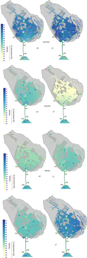Figure 2 in Budisa et al. (2025): "Salinity (color gradient) and oxygen saturation (red dashed lines) in the surface waters of the salt marsh, the channel, and the sea during all seasons and both tides (HT, LT). Light grey represents areas submerged during winter/autumn HT, while darker grey areas emerged during summer/spring LT"