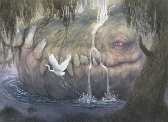 A peaceful scene of a swamp, with greens, blues and purples, a tree in the foreground and the head of a huge dragon visible resting in the water. A white heron takes off next to the dragon and it's eye is open.