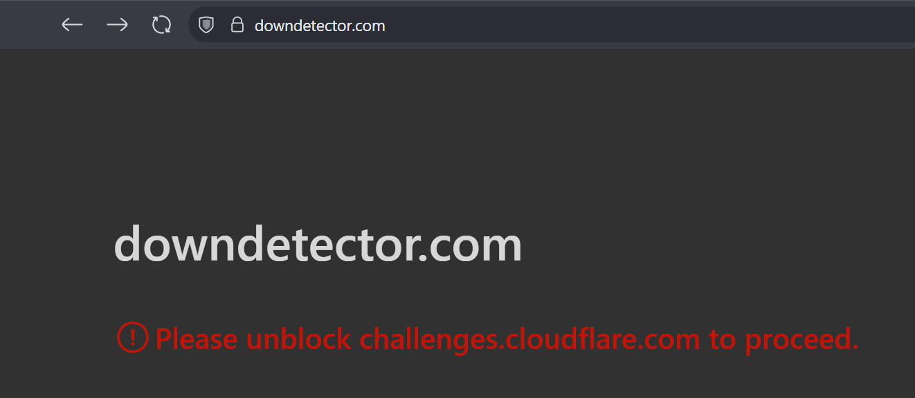 A web browser window displaying the website "downdetector.com" with a message instructing the user to unblock "challenges.cloudflare.com" to proceed. The background is dark, and the message is highlighted in red.