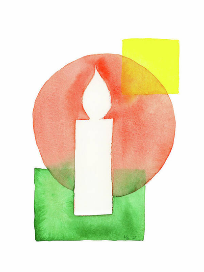A minimalist design featuring a candle surrounded by intersecting geometric shapes in red, yellow, and green. The watercolor technique lends a soft, dreamy effect. Watercolor painting in portrait format by Karen Kaspar