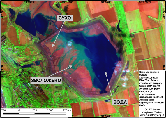 Water-filling conditions of the Northern Mining & Processing Plant (PivnGZK) tailings storage facility.
Sentinel-2A image from 19 October 2016.
Spectral composite: bands 12, 8, and 3.
Atmospheric correction: DOS-1.