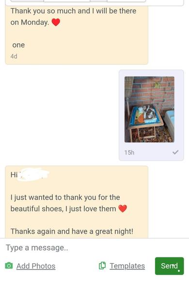 A screenshot of a text exchange between a person offering a pair of unneeded sparkly shoes and the person who arranged to pick them up because she wanted them.