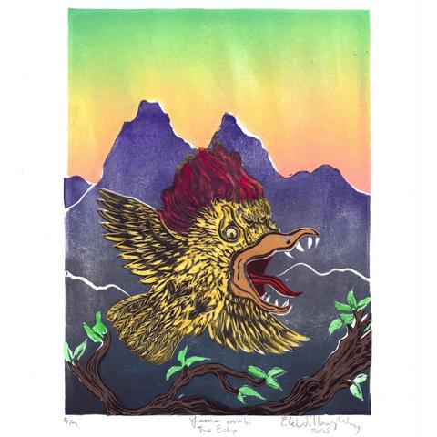 my 8”x10” linocut shows a Yama orabi, a mythical bird like creature with an exceptionally large head and sharp pointy teeth hopping off a brown branch with green leaves in front of a grey and blue-grey mountain at sunset in a gradient of orange, yellow and green sky. The Yama orabi is yellow with an umber beak, red mouth and red plumage on its head.