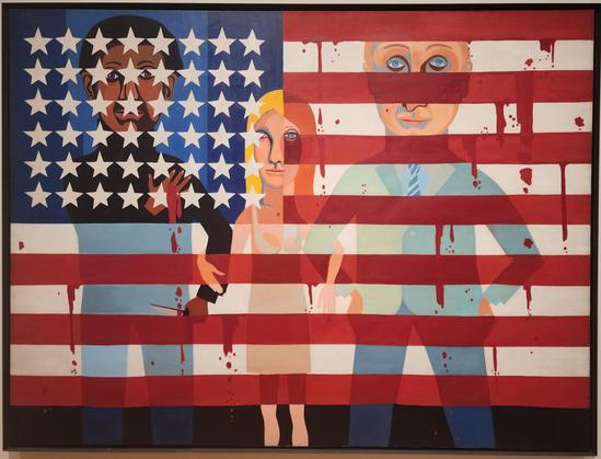Entire canvas is the US flag with blood splatter on it. This is superimposed on a dimmer image of a white man in a suit, a white woman, and a black man standing with arms linked. the Black man is holding a knife.