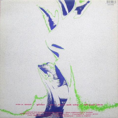 The back cover from My Bloody Valentine's Glider EP, issued in 1990. Sleeve by Designland.