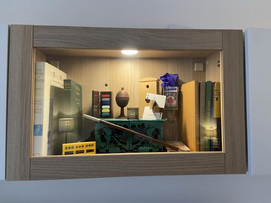 A close up of the top middle cupboard with magic bits and pieces including books, a wand, and an impossible playing card amongst other items.