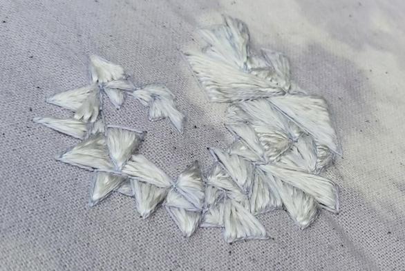 Angled close up of the stitched triangles showing how shiny they are