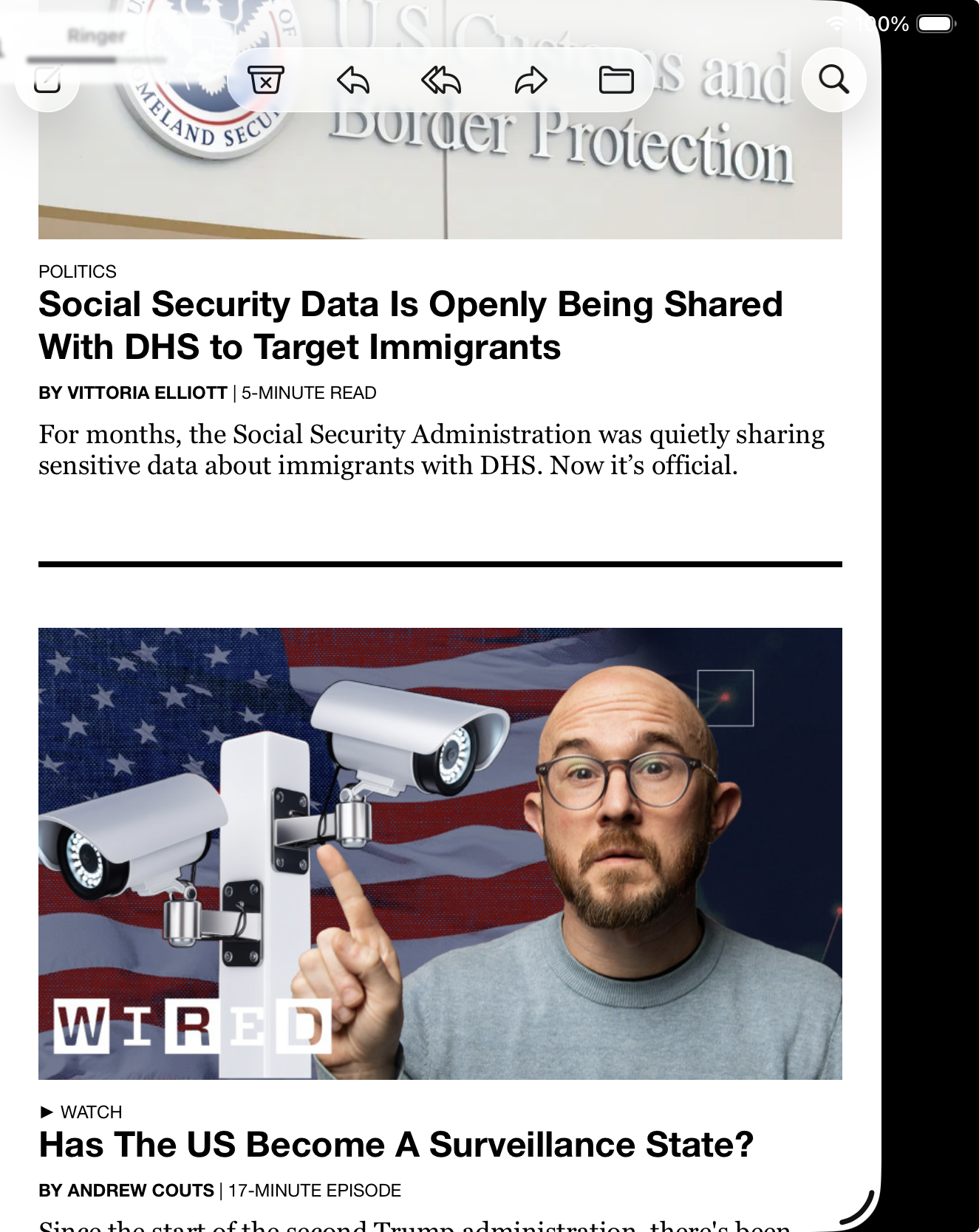 two headlines next to each other: one on Social Security data being openly shared with DHS to target immigrants, and the other wondering if the US has become a surveillance state. duh.