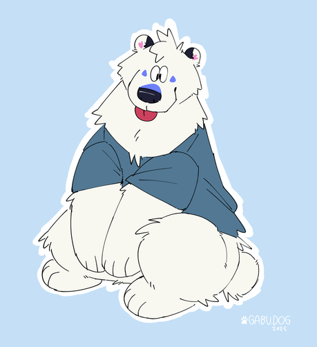 Art of Gabu as a polar bear, with a goofy expression and a big snout and sticking its tongue out. It's very chonky and sitting on ground in a kind of feral position, and wearing a t-shirt but no pants.