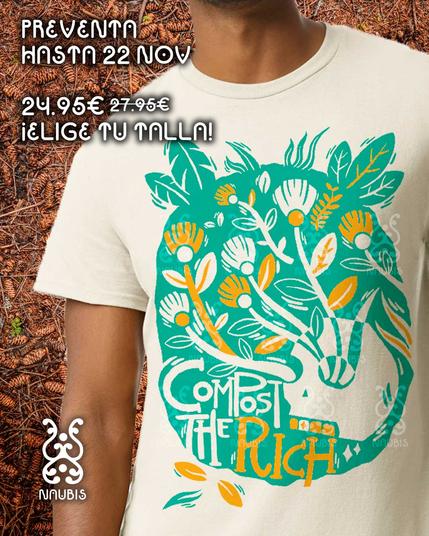 Camiseta con el lema Compost the Rich, con una ilustración de una calavera de la que brotan flores.