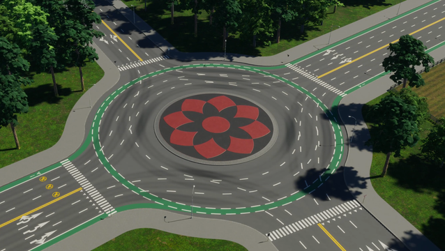 Cities: Skylines 2 -pelin liikenneympyrä, jossa pyöräkaista kulkee pelottavalla tavalla aivan autojen vieressä, eikä siinä ole mitään modernin liikennesuunnittelun turvallisuusominaisuuksia.
