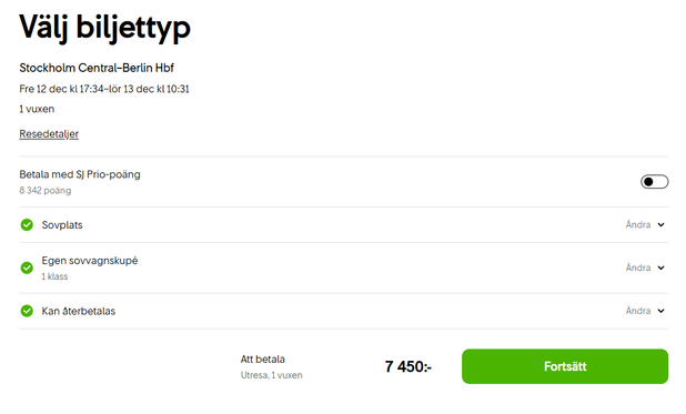 Screenshot of SJ booking page, Stockholm-Berlin, first class, sleeper, private compartment, 7450 SEK
