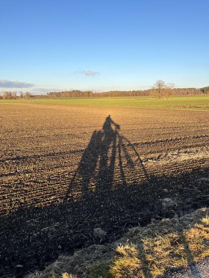 A shadow of a person with a bicycle is cast onto a plowed field against a clear blue sky. The landscape features distant trees and a patch of green grass.

Ein Schatten einer Person mit einem Fahrrad wird auf ein gepflügtes Feld gegen einen klaren blauen Himmel geworfen. Die Landschaft zeigt entfernte Bäume und ein Stück grünes Gras.
