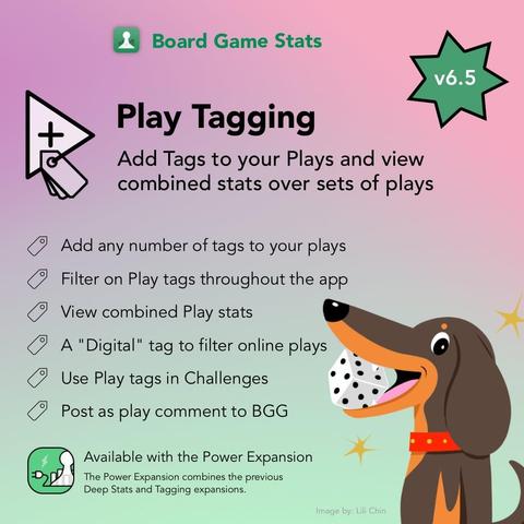 Picture with a gradient purple/pink to green background and the text Board Game Stats at the top. A green star with the text v6.5 in the middle at the top right.

A triangle with a plus in the middle, representing a play symbol, with some tags hanging from it, with the Header text: Play Tagging

Sub header: Add Tags to your Plays and view combined stats over sets of plays

Bulleted list (the bullets are small tag symbols):
Add any number of tags to your plays
Filter on Play tags throughout the app
View combined Play stats
A "Digital" tag to filter online plays
Use Play tags in Challenges
Post as play comment to BGG

Picture of a dog with a die in its mouth. Image by: Lili Chin

At the bottom:
Available with the Power Expansion
The Power Expansion combines the previous Deep Stats and Tagging expansions.