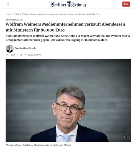Berliner Zeitung, Weimer verkauft Abendessen mit Ministern für 80000 €...