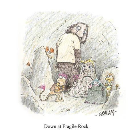A cartoon illustration of the characters of Fraggle Rock looking very sad, overwhelmed, and depressed. Caption reads "Down at Fragile Rock."
