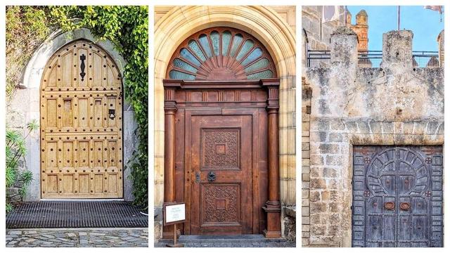 A collage of three different, highly decorative European doors. From left to right: a light-colored wooden door with vertical planks and metal studs set in a stone arch covered in ivy; a richly carved dark wooden door beneath a fan-shaped glass transom and surrounded by elaborate stonework; and a distressed, weathered, dark metal door with circular patterns set into a rough, light brown stone wall beneath crenellated battlements.