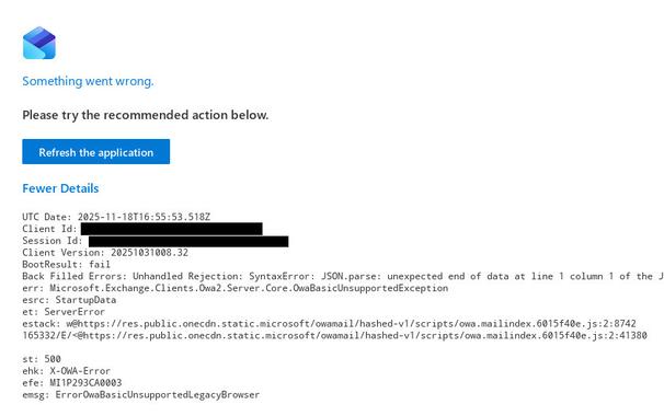 Microsoft Outlook web page that shows errors like ErrorOwaBasicUnsupportedLegacyBrowser and some SyntaxError due using Firefox on NetBSD (probably they do not known about NetBSD and relies on only known User-Agent:-s).