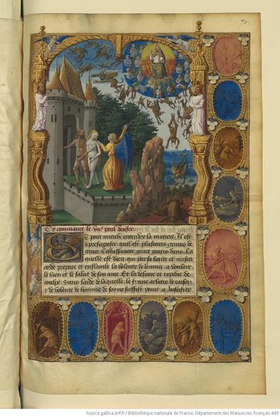 Page d'un manuscrit enluminé : en haut, un paysage avec un château, plusieurs personnages dont un ange en robe dorée et ailes bleues, des démons qui semblent tomber du ciel où apparaît Dieu entouré d'anges. Au milieu, en bas, le texte, entouré d'une large bordure dans laquelle sont peintes de faux camées bleus, rouges, gris et ocre qui représentent des personnages