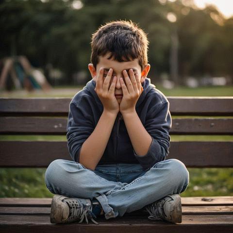 ¡Claro! Aquí tienes una descripción de la imagen en español:

🖼️ Descripción de la Imagen
La imagen muestra a un niño sentado en un banco de madera al aire libre, posiblemente en un parque o área de juegos.

Sujeto: El niño está sentado con las piernas cruzadas (postura de loto) en el centro de la toma.

Emoción/Acción: Tiene ambas manos cubriendo completamente su rostro, lo que sugiere que podría estar llorando, sintiéndose avergonzado, triste, o jugando a esconderse. Su postura es recogida e introspectiva.

Vestimenta: Viste una sudadera con capucha de color oscuro (gris o azul marino) y pantalones vaqueros azules. Lleva zapatillas deportivas desgastadas.

Fondo: El fondo está desenfocado (bokeh), lo que dirige la atención al niño. Se distingue una zona de árboles y vegetación, con estructuras de juegos infantiles (posiblemente un tobogán) apenas visibles a la izquierda.

Iluminación: La luz es cálida y está entrando por detrás del niño (contraluz), creando un halo brillante alrededor de su cabeza y hombros. Esto le da un tono dramático y melancólico a la escena.