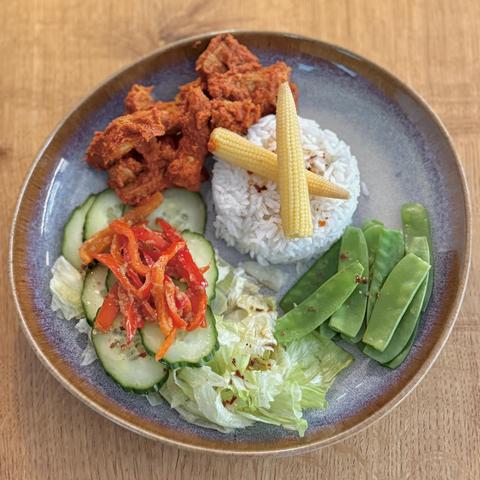 A close-up of my plate with the meal as described in the post.