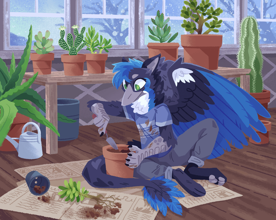A painting of an anthropomorphic magpie gryphon sitting indoors on a wood floor, repotting a plant. They are surrounded by various succulents and cacti. Outside it appears snowy and frosty.