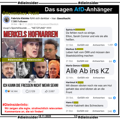 Fabrizio Kleinke postet auf seinem öffentlichen Profil mit 7.500 Follower "Uuup's Sportsfreunde ..... "NETZFUND"!!!!!!!" und teilt dazu ein Bild mit Jan „Monchi“ Gorkow von Feine Sahne Fischfilet, Udo Lindenberg, Sebastian Krumbiegel von Die Prinzen, Wolfgang Niedecken von BAP, Campino von Die Toten Hosen, Jan Böhmermann und Herbert Grönemeyer. Dazu steht auf dem Sharepic "Merkels Hofnarren: Ich kann die Fressen nicht mehr sehn!"

Der Beitrag wurde über 14.000 Mal geliket und 2.000 Mal geteilt. Von den über 2.100 Kommentaren zeigen wir u.a. 
"Da fehlen noch so einige. Elton, Sarah Connor und wie sie alle heißen.", "Leben halt vom ÖRR und müssen den Staatsbückling machen.", Alle ab ins KZ.", "Mit diesen idioten noch nie was am Hut gehabt das sind idioten ab an die Front." und Horror Kabinett des Schreckens."

#DieInsiderInfo: Wir zeigen immer die möglicherweise strafrechtlich relevanten Kommentare an!