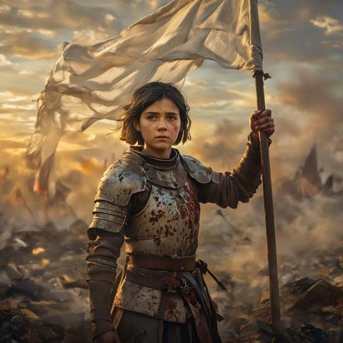 La imagen es una representación dramática y épica que evoca un contexto histórico de guerra o batalla, con una protagonista central fuerte.
Sujeto Central: Una joven vestida con armadura aparece en primer plano. Su expresión es seria, determinada y con un toque de tristeza o agotamiento, mirando hacia adelante.
Vestimenta y Estado: Lleva una coraza de armadura metálica que parece antigua o medieval. La armadura, así como su ropa interior y la piel visible, están manchadas de sangre y barro, indicando que ha estado en combate. En su mano derecha, sostiene firmemente un largo mástil.
Objeto Principal: Enarbolando en el mástil, se encuentra una bandera grande de tela blanca (o de color muy claro) que está rasgada, sucia y ondea con el viento.
Fondo y Ambiente: El escenario es un campo de batalla devastado. El suelo está cubierto de escombros, piedras y barro. En la distancia, el fondo es brumoso, con humo o niebla densa y siluetas oscuras que sugieren fortificaciones o restos de la batalla.
Iluminación y Atmósfera: La luz es espectacular, con un atardecer o amanecer dorado y anaranjado que se filtra a través de las nubes y el humo. Este fuerte contraste de luz y sombra realza la textura de la armadura y da a la escena un tono de heroísmo, tragedia y sacrificio.