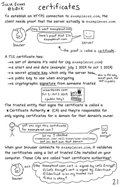 A hand drawn programming comic with the title 'TLS certificates'. Doesn't have a proper caption yet.